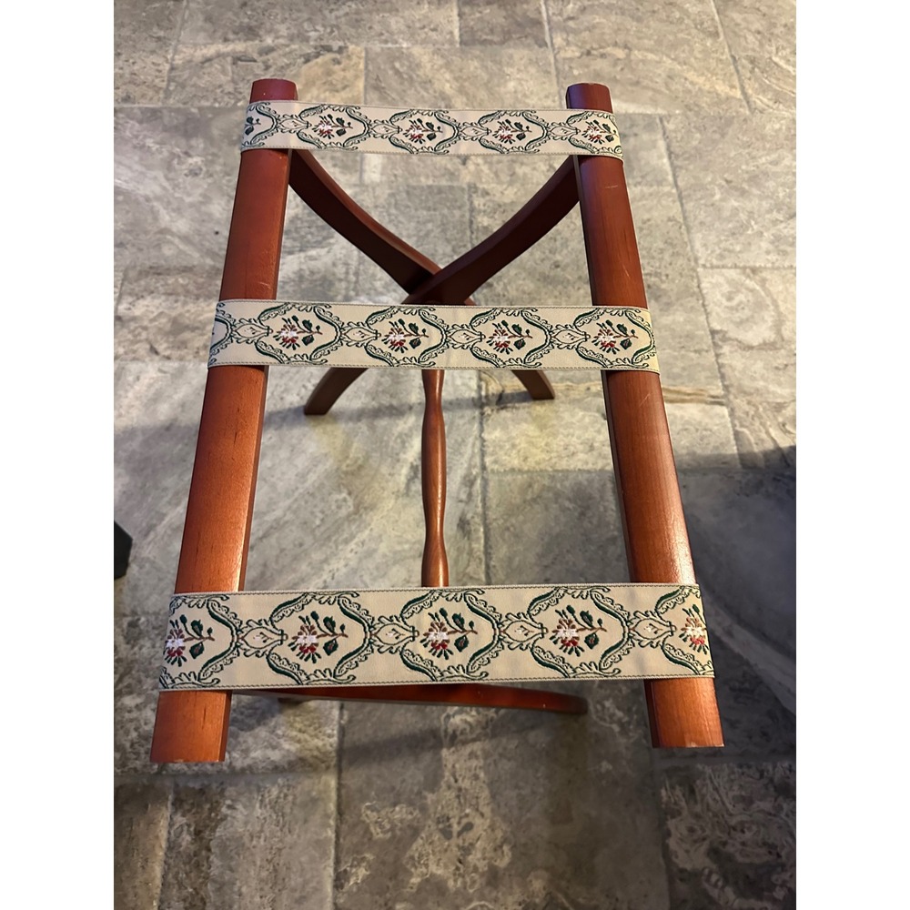 Vintage Scheibe Folding Wood Luggage Rack Suitcase Stand Floral Tapestry Straps